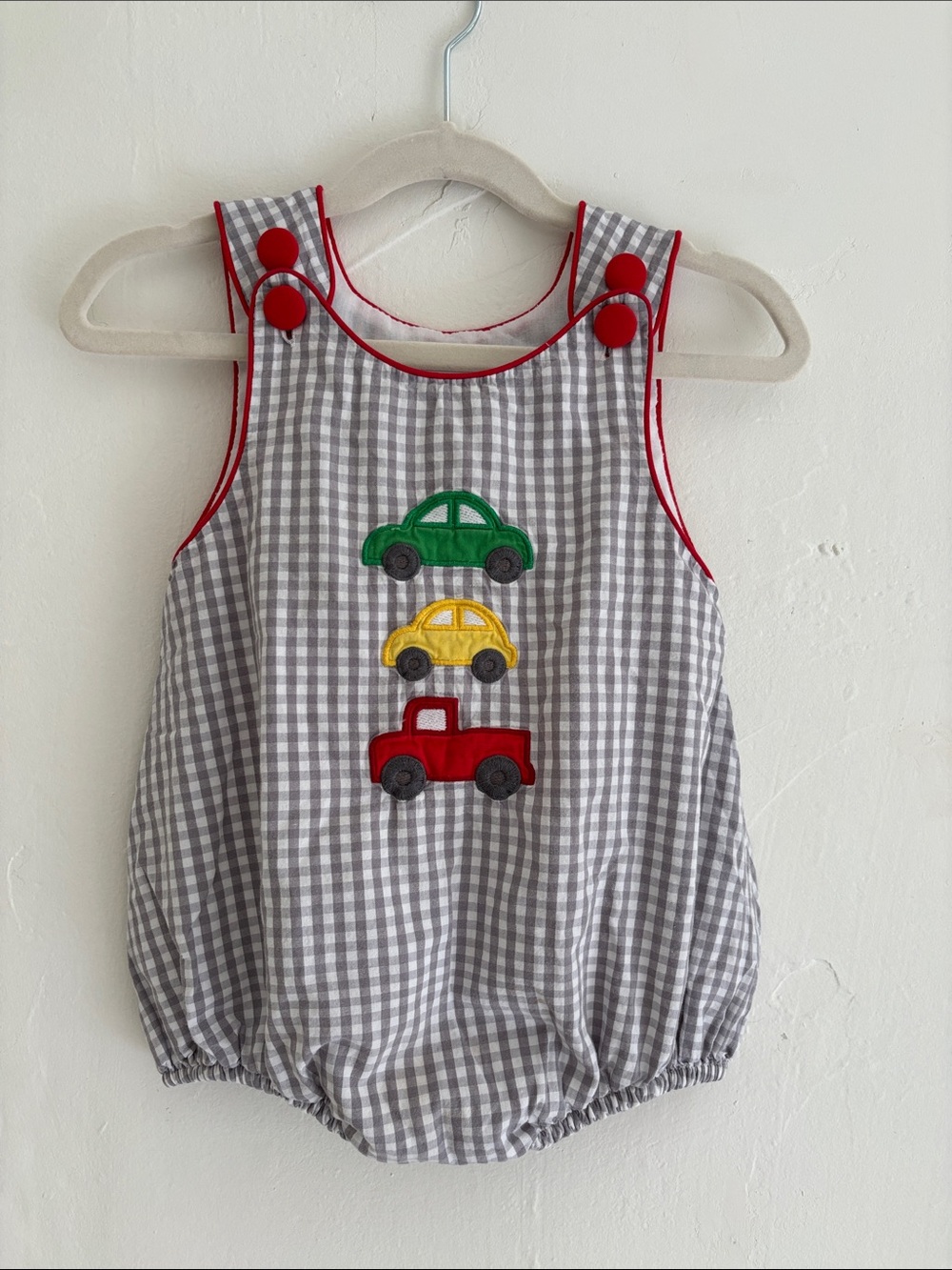 Gingham Gray Baby Romper with Red Trim & Colorful Car Appliqués